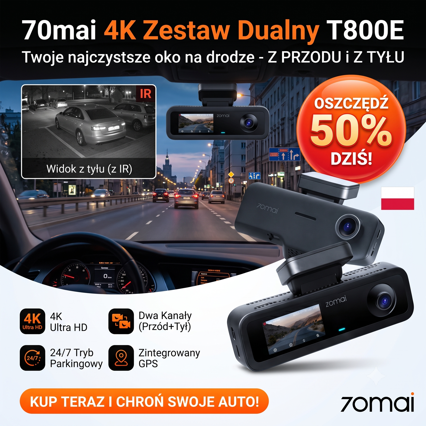 Kamera samochodowa 4K, przód i tył, wnętrze, 3-kanałowa kamera samochodowa, kamera samochodowa z GPS, Wi-Fi 6, sterowanie głosowe, monitor parkowania, noktowizor, nagrywanie w pętli, karta SD 64GB w zestawie (T800E)