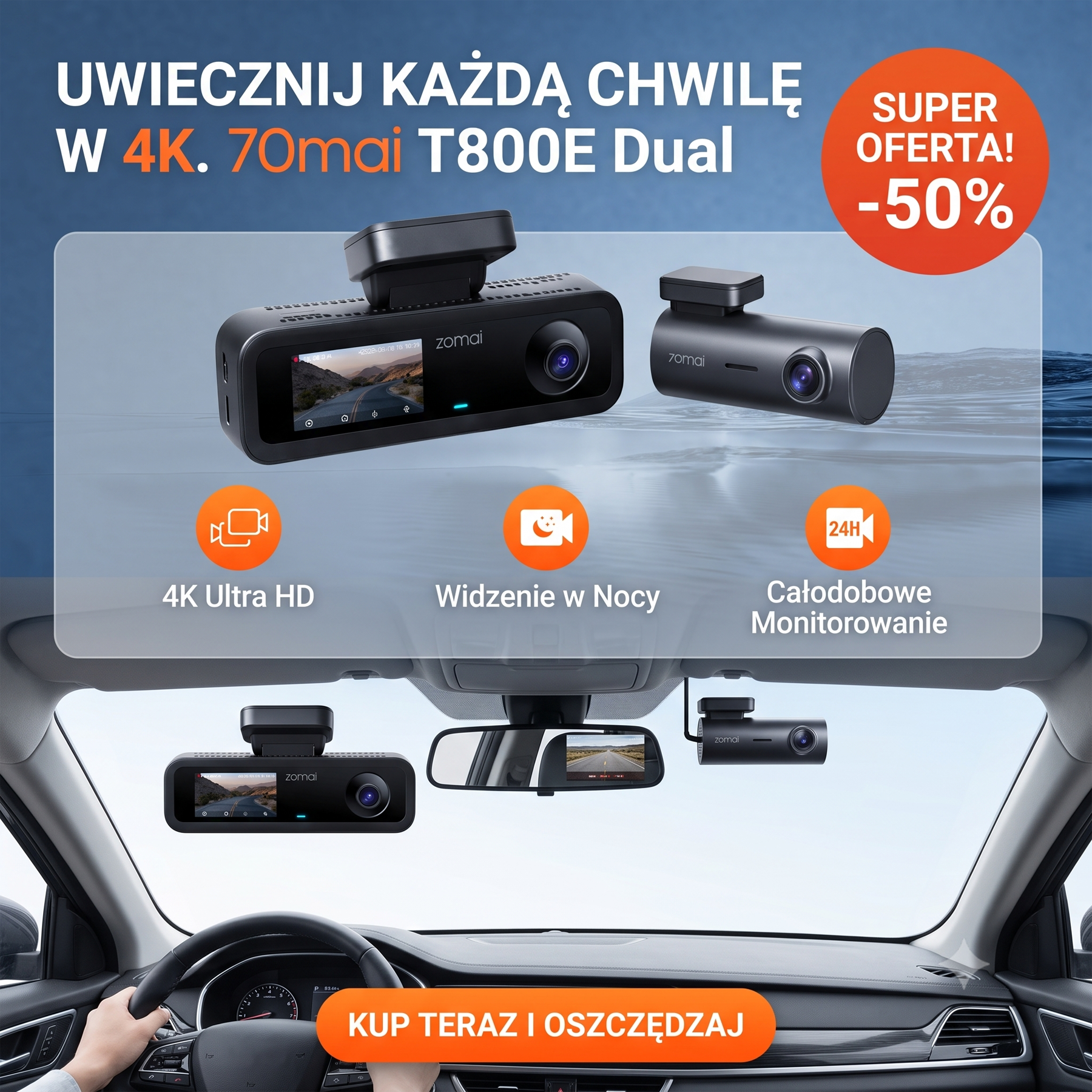 Kamera samochodowa 4K, przód i tył, wnętrze, 3-kanałowa kamera samochodowa, kamera samochodowa z GPS, Wi-Fi 6, sterowanie głosowe, monitor parkowania, noktowizor, nagrywanie w pętli, karta SD 64GB w zestawie (T800E)