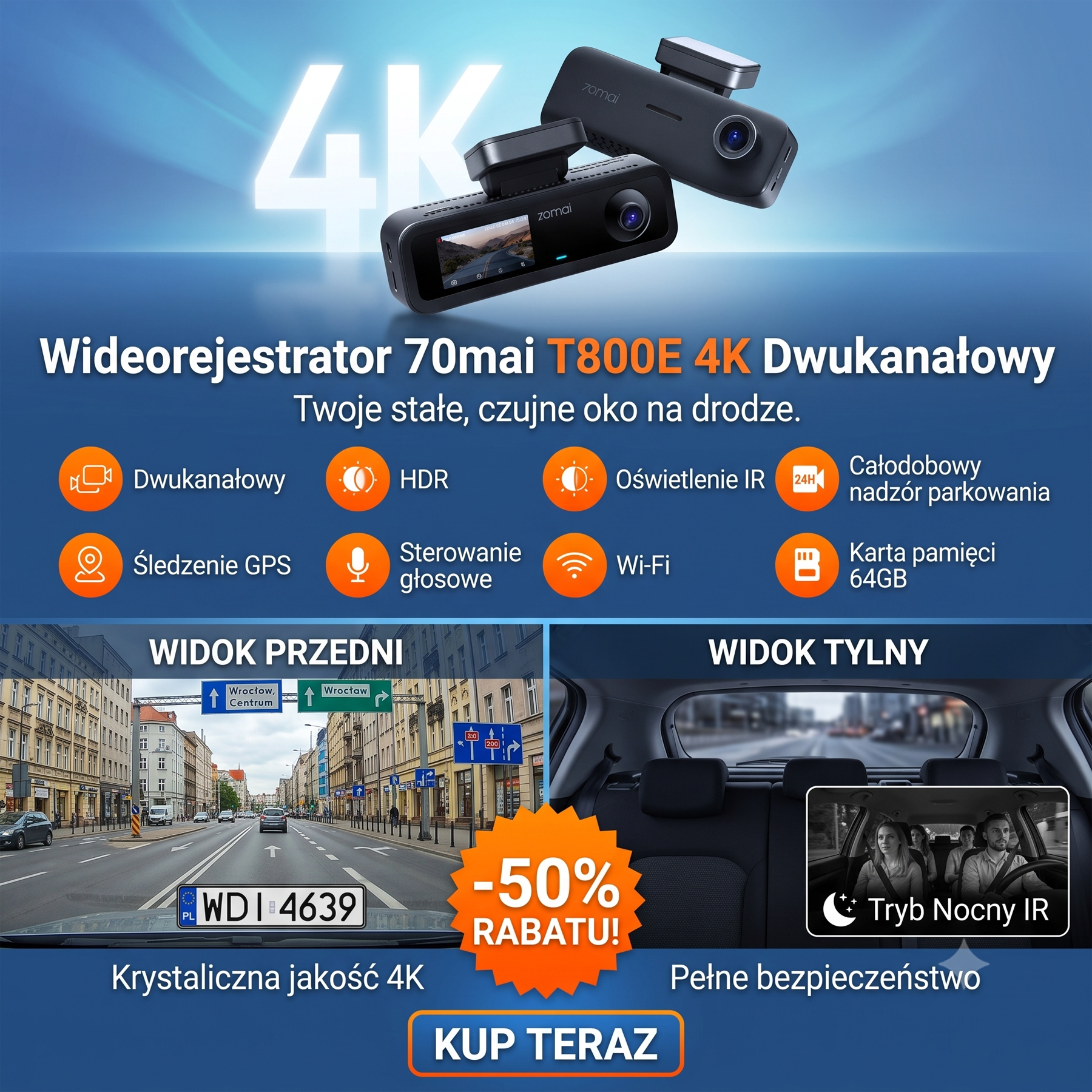 Kamera samochodowa 4K, przód i tył, wnętrze, 3-kanałowa kamera samochodowa, kamera samochodowa z GPS, Wi-Fi 6, sterowanie głosowe, monitor parkowania, noktowizor, nagrywanie w pętli, karta SD 64GB w zestawie (T800E)